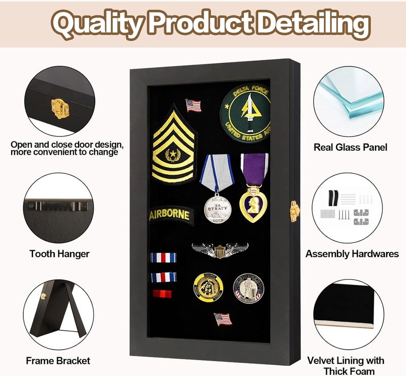 VERANI 8.5 x15 Pin Display Case with Real Glass Door Frame Bracket for Military Medals, Beach Tags, Jewelry Pins, Pin Gift, Insignia Ribbons, Pin Enthusiast Collectibles, Black - Image 4